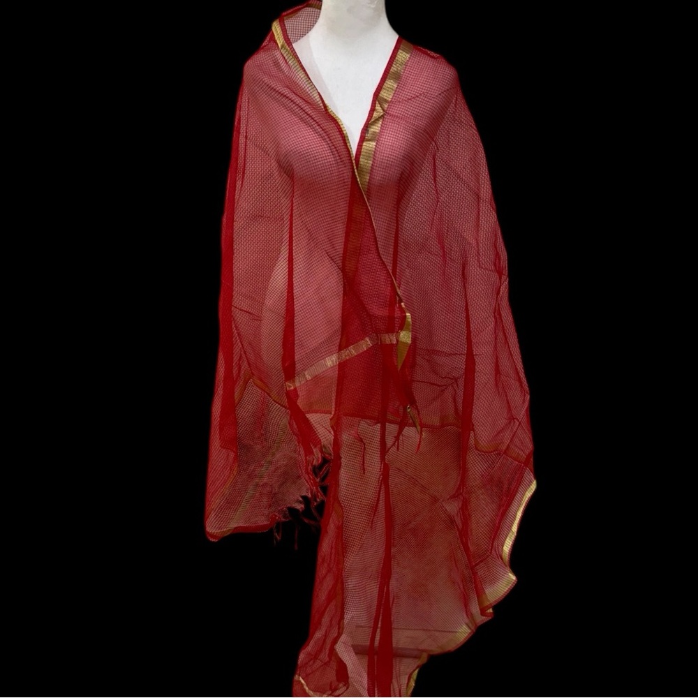 Red Dupatta with Gold Border – Lightweight Sheer Festive Scarf / Shawl – New